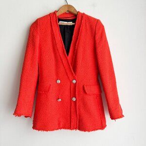 Zara Bright Coral Orange Tweed Blazer XS